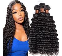 Angie Queen Deep Wave 3 pacchi di capelli umani da 12, 14, 16 pollici, capelli vergini brasiliani ricci e ondulati, doppia trama, colore nero nat