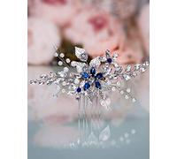 Anglacesmade - Pettine per capelli da sposa, con cristalli zaffiri, colore: Blu perla e foglia di cristallo marquise