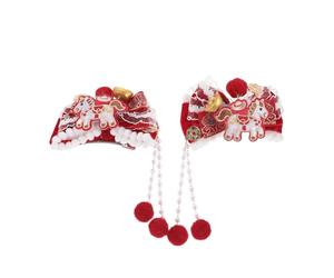 Angoily 1 paio di fermagli per capelli per il capodanno cinese - Fermagli per capelli per l'anno del cavallo - Forcine per con fiocco rosso e palline pelose per ragazze, accessori per la festa di