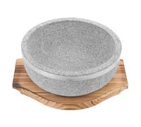 Angoily Ciotola Coreana in Pietra Naturale 18 Cm 800 Ml con Base in Legno Carbonizzato, Ciotola Multifunzione per Bibimbap e Zuppa, Accessorio Cucina per Preparazioni Coreane Tradizionali