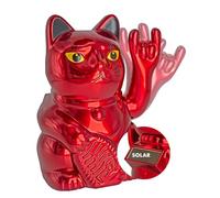 ANGRY CAT Mini Gatto Portafortuna Gatto della Fortuna - SOLAR alimentato divertente gatto che saluta con simboli Heavy-Metal - Figurina oscillante con braccio che saluta - 10 cm, rosso metallico