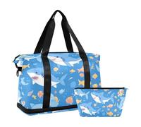 Angry Great White Fish Sea Sky Blue Carry on Weekender Borsa da notte con tasca bagnata Cinghia regolabile Borsa da palestra Borsone da viaggio per aereo, pieghevole, per uomini e donne