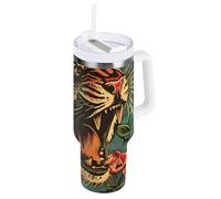 Angry Tigers and Roses - Bicchiere isolato sottovuoto con cannuccia, resistente alle perdite, in acciaio inox, bocca larga, tazza da caffè per scuola, sport, asilo nido, campeggio e altro ancora