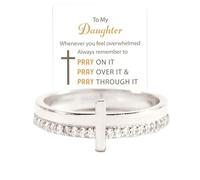 Angyape Anello con croce dorata con scritta in inglese "To My Daughter, Pray On It", "Whenever you feel overwhelmed, always remember to stackable cubic zirconia cross ring pray Christian Battism
