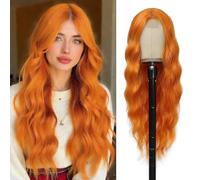 Angzon Parrucca da donna con capelli sintetici resistenti al calore, lunghezza 66 cm, capelli ricci con riga centrale, aspetto naturale, per feste quotidiane, cosplay, uso in costume