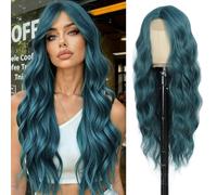Angzon Parrucca da donna ondulata lunga 66 cm, colore verde scuro, capelli sintetici resistenti al calore, con riga centrale, aspetto naturale, per feste quotidiane, cosplay, uso in costume