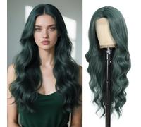 Angzon Parrucca ondulata lunga verde da donna, 66 cm, con riga centrale verde scuro, capelli sintetici ricci, aspetto naturale, fibra resistente al calore, per uso quotidiano e feste