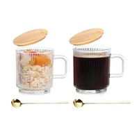 Anhow 2 Pezzi Tazze Cappuccino, Tazze colazione con Coperchio e Cucchiaio Tazza Caffè Vetro per Latte, Caffè, Avena, Yogurt, Fiocchi D'avena - 350 ml, Trasparente