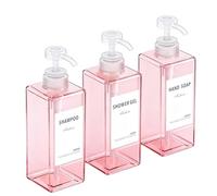 Anhow 3 Pezzi Dispenser Sapone, 650 ml Dispenser Sapone Bagno con Etichetta per Bagno Doccia Cucina Shampoo e Bagnoschiuma - Rosa trasparente