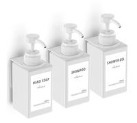Anhow 3 Pezzi Dispenser Sapone Bagno, 450 ml Dispenser Doccia da Muro Senza Foratura Dispenser Doccia Shampoo e Bagnoschiuma con Etichetta per Bagno Doccia Cucina - Bianco
