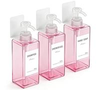 Anhow 3 Pezzi Dispenser Sapone Bagno, 500 ml Set Dispenser Doccia da Muro Senza Foratura Dispenser Doccia Shampoo e Bagnoschiuma con Etichetta per Bagno Doccia Cucina - Rosa trasparente