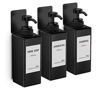 Anhow 3 Pezzi Dispenser Sapone Bagno, 500 ml Set Dispenser Doccia da Muro Senza Foratura Dispenser Doccia Shampoo e Bagnoschiuma con Etichetta per Bagno Doccia Cucina - Nero