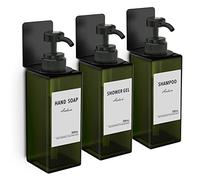 Anhow 3 Pezzi Dispenser Sapone Bagno, Dispenser Doccia Muro 500 ml Senza Forare Dispenser Sapone con Etichetta per Bagno Doccia Cucina Shampoo e Bagnoschiuma - Verde