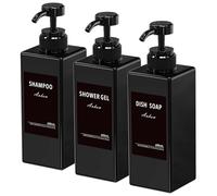 Anhow 3 Pezzi Dispenser Sapone, Dispenser Sapone Bagno 650 ml con Etichetta per Bagno Doccia Cucina Shampoo e Bagnoschiuma - Nero