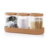 Anhow 3 Pezzi Porta Cotton Fioc, Vetro Porta Dischetti Struccanti con Vassoio per Bagno Cotone Fioc Struccanti Trucchi Organizer - Trasparente