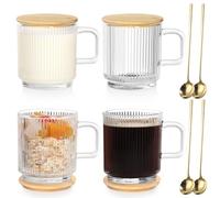 Anhow 4 Pezzi Tazze Cappuccino, Tazze Colazione con Coperchio e Cucchiaio Tazza Caffè Vetro per Latte, Caffè, Avena, Yogurt, Fiocchi D'avena - 350 ml, Trasparente
