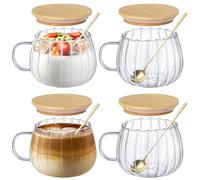 Anhow 4 Pezzi Tazzine Caffe, 450ml Tazze Cappuccino Vetro con Coperchio e Cucchiaio Tazze Divertenti da Regalare per Latte, Caffè, Avena, Yogurt, Fiocchi D'avena - 450 ml, Trasparente