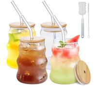 Anhow Bicchiere con Cannuccia, 4 Pezzi 500ML Bicchieri Acqua Vetro con Coperchio e Cannuccia per Soda, Smoothie, Tè, Birra, Latte, Caffè, Cocktail - Onda Trasparente