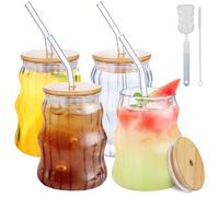 Anhow Bicchiere con Cannuccia, 4 Pezzi 500ML Bicchieri Acqua Vetro con Coperchio e Cannuccia per Soda, Smoothie, Tè, Birra, Latte, Caffè, Cocktail - Trasparente
