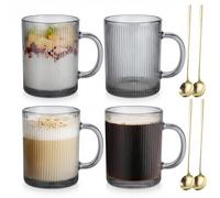 Anhow Tazze Colazione con Cucchiaio, 4 Pezzi Tazzine Caffe Vetro 350 ml Tazze Cappuccino Bicchieri Acqua Vetro per Latte, Caffè, Avena, Yogurt, Fiocchi D'avena - Grigio