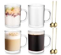 Anhow Tazze Colazione con Cucchiaio, 4 Pezzi Tazzine Caffe Vetro 350 ml Tazze Cappuccino Bicchieri Acqua Vetro per Latte, Caffè, Avena, Yogurt, Fiocchi D'avena
