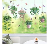 ANHUIB Graz Design - Adesivo per finestra con piante verdi, motivo primaverile, con piante in vaso e piante verdi, anti-collisione