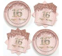 Anicy Sweet 16 - Set decorativo da 40 pezzi, colore oro rosa, per feste per il 16° compleanno, con 20 piatti di carta e 20 tovaglioli, decorazione di compleanno per 16 anni