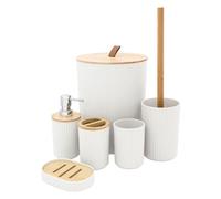 Anika Set di accessori per il bagno, set essenziale per il bagno, include portaspazzolino, pattumiera, scopino, tazza, portasapone e dispenser di sapone (bianco)
