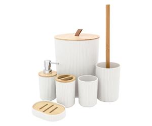Anika Set di accessori per il bagno, set essenziale per il bagno, include portaspazzolino, pattumiera, scopino, tazza, portasapone e dispenser di sapone (bianco)