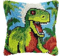 Animal Embroidery Latch Hook Pillow Cover Kit,Green Dinosaur,Cross Stitch Cushion Covers Kits DIY Craft Needlework Latch Hook Kits for Kids Adults,43x43cm