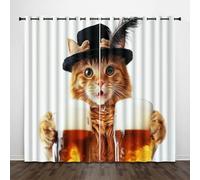 Animale 3D Tende da 2 Pannelli Ombreggiatura 182L x 213A CM Gatto Con Cilindro Che Beve Birra Poliestere Isolamento Termico Tenda per Finestra per Camera da Ietto Soggiorno Cucina Sala Giochi