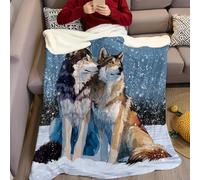 Animale Coperta Sherpa Due lupi nella neve 100 x 130 cm Plaid Flanella Morbida Calda 3D Stampa Pile per Bambini Ragazzi Ragazze Ufficio Camera e Viaggi