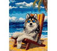 Animale Diy Tappeto Annodare Fai Da Te Kit Cane Husky Sulla Sedia A Sdraio Sulla Spiaggia Set Per Tappeti Con Gancio，Kit Per Arazzo Fatti A Mano Con Prestampa，Regalo Artigianale 3D Fa 100x140cm