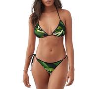 Animale Rana Foglia Verde Stampa Foglie Leggero Donne Bikini Costume Da Bagno Due Pezzi Beachwear Estate Attività Subacquee, Nero , XL