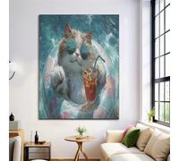 Animale Ritratto Art Poster e Stampe, Anello Gonfiabile Gatto su Tela Immagini di Arte della Parete Decorazione Murale per Camera da Letto e Soggiorno, 70x100cm Senza Cornice