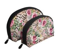 Animale tigre stampa leopardo fiore rosa stampato, Borsa per trucco a conchiglia Portamonete da donna Borsa da toilette piccola Borsa per cosmetici 2 pezzi