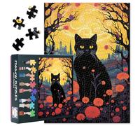 Animali 1000 Pezzi Puzzle per Adulti, Gatto Nero e Fiori Rossi nella Città Notturna Puzzle, Paesaggi Immaginari Puzzle Impossibile, 40,9 x 69,5 cm