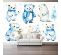 Animali Naturaleli Carta Da Parati 350 x 256 cm, Blu Orso Polare Pini tessuto non tessuto Murale per camera da letto soggiorno decorazione poster