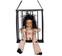 Animatronics Halloween Appesi Occhi Illuminati Suonavano Appeso Teschio Gabbia Prigioniero con Sensore di Movimento Attivato, Decorazioni Scheletro Animate per Feste Casa Stregata Prato Cortile, Inqu