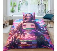 Anime 3D Demon Slayer 2 Pezzi Set Copripiumino 3D Stampa Digitale Copripiumino Set Di Biancheria Da Letto Microfibra Morbido Con Cerniera E Federe Per Bambini Single(135x200cm)