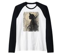 Anime d'Arte Giapponese Vintage Samurai Cat Graphic Warrior Maglia con Maniche Raglan
