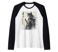 Anime d'Arte Giapponese Vintage Samurai Cat Graphic Warrior Maglia con Maniche Raglan
