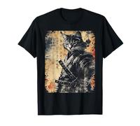 Anime d'Arte Giapponese Vintage Samurai Cat Graphic Warrior Maglietta