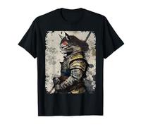 Anime d'Arte Giapponese Vintage Samurai Cat Graphic Warrior Maglietta