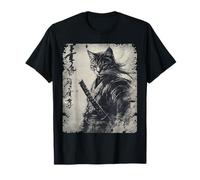 Anime d'Arte Giapponese Vintage Samurai Cat Graphic Warrior Maglietta