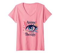 Anime è la mia Terapia: Vivace Arte degli Occhi per i Fan di Otaku, Anime Maglietta con Collo a V, Donna, Rosa, L
