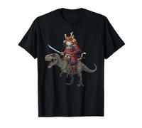 Anime Gatto Divertente Samurai Gatto Equitazione Dinosauro Velociraptor Maglietta