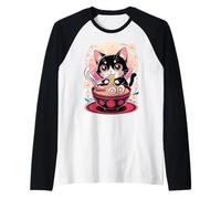 Anime Giapponese Gatto Ramen Kawaii Gatto Mangiare Tagliatelle Maglia con Maniche Raglan