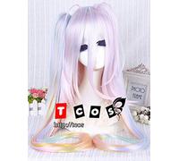 Anime No Game No Life Shiro Parrucca cosplay di capelli sintetici multicolore lunga 110 cm con clip da 90 cm Coda di cavallo + cappuccio parrucca