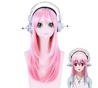 Anime Super Sonico Donne Lungo Rosa Cosplay Costume Prop Resistente al calore Parrucche sintetiche Parrucche Cuffie + Parrucca Cap Parrucca e cuffia gratis